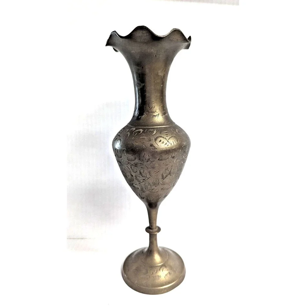 Brass Ruffle Top Bud Vase 11-in Etched Design Vintage 1950s India Bohemian Gift